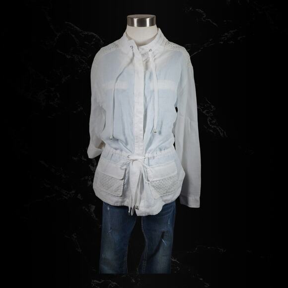 Saint Tropez West White Eyelet Linen Button Cinch Waist Utility Jacket Sz Medium - Picture 10 of 16